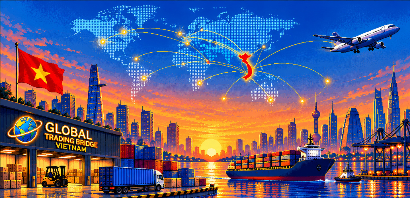 Global Trading Bridge Vietnam, retro pixel-art international shipping harbor and Vietnam trade routes